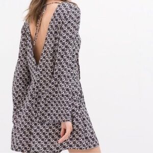 Zara Floral Plunge V Cut Back Long Sleeve Romper Blue White Size Medium